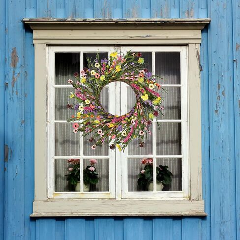 Artificial Daisy and Lavender Flower Wreath,20" Floral Wreath Artificial Spring and Summer Wreath Front Door Wreath for Home Kitchen Wall Door Decor in Kuwait