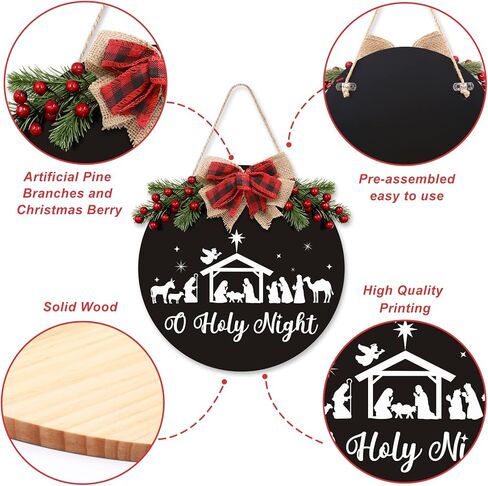 O Holy Night Sign Christmas Wreaths for Front Door Nativity Rustic Farmhouse Christian Jesus Wood Wall Hanging Decor Buffalo Plaid Decorations Indoor Outdoor Fireplace Porch Black in Kuwait