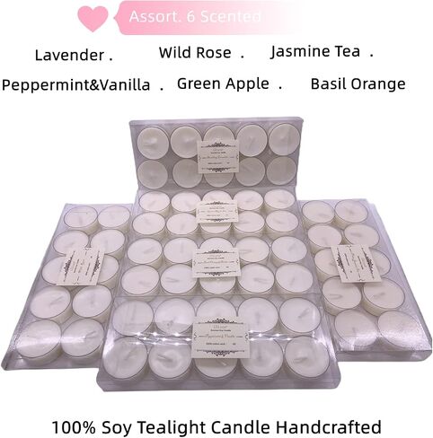 Soy Tealight Candles Scented with Clear Cup- Pack of 60,Assorted 6 Luxury Aromatheraphy Collect-Lavender/Rose/Jasmine Tea/Vanilla/Basil Orange/Apple, Pleasing Smell for Home Decor. Gift in Saudi Arabia