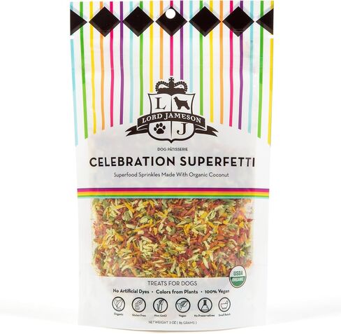 Celebration SuperFetti - Organic Dog Sprinkles & Food Topper, Party-Colored Coconut Sprinkles, No Artificial Coloring & Preservative - Certified Organic - Made in USA 3 oz in Saudi Arabia
