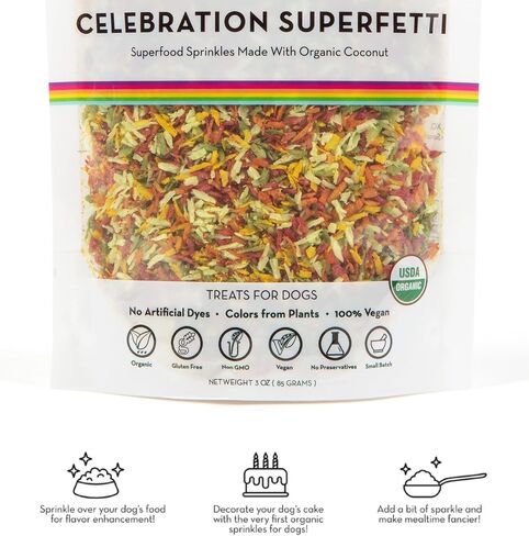Celebration SuperFetti - Organic Dog Sprinkles & Food Topper, Party-Colored Coconut Sprinkles, No Artificial Coloring & Preservative - Certified Organic - Made in USA 3 oz in Saudi Arabia