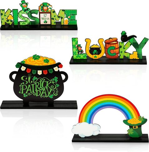 WATINC 4pcs St. Patrick's Day Wooden Table Topper, Shamrock Wood Centerpiece Decorations, Detachable Clover Tiered Tray Signs Decor, Saint Patty’s Day Party Favor Tabletop Supplies for Holiday Kitchen in Saudi Arabia