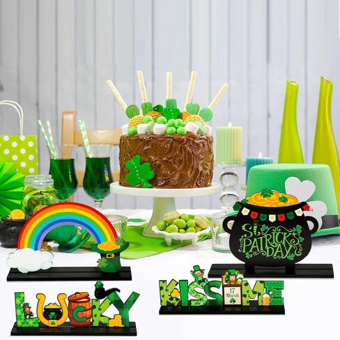 WATINC 4pcs St. Patrick's Day Wooden Table Topper, Shamrock Wood Centerpiece Decorations, Detachable Clover Tiered Tray Signs Decor, Saint Patty’s Day Party Favor Tabletop Supplies for Holiday Kitchen in Saudi Arabia