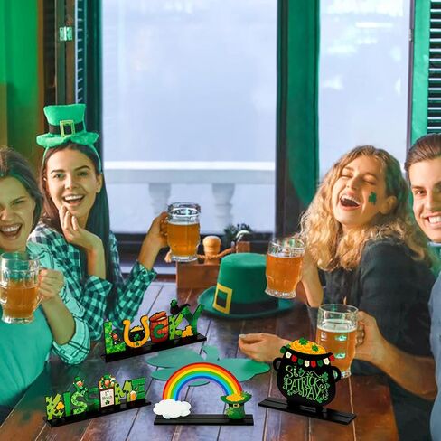 WATINC 4pcs St. Patrick's Day Wooden Table Topper, Shamrock Wood Centerpiece Decorations, Detachable Clover Tiered Tray Signs Decor, Saint Patty’s Day Party Favor Tabletop Supplies for Holiday Kitchen in Saudi Arabia