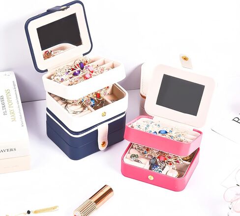 حقيبة سفر جلدية من Kadiby Jewelry مع مرآة، منظم مجوهرات صغير للسفر، صندوق مجوهرات محمول، منظم تخزين صغير، صندوق تخزين صغير للخواتم والأقراط والقلائد والهدايا (أبيض) in Kuwait