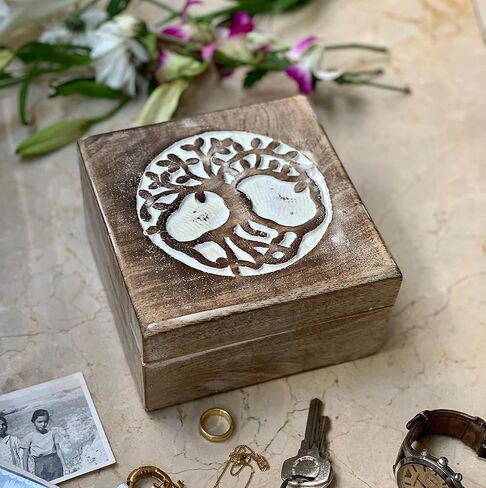 Great Birthday Gift Ideas Handmade Decorative Tree Of Life Wooden Jewelry Box Treasure Box Jewelry Organizer Keepsake Box Treasure Chest Trinket Holder Lock Box Watch Box 6 x 6 Inch For Gifts (Brown) in Saudi Arabia