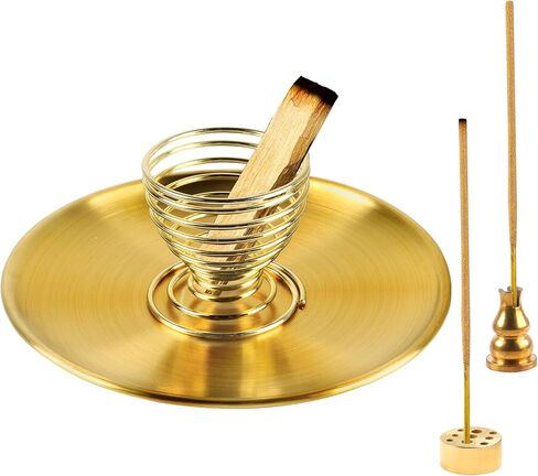 مبخرة 4 في 1، حامل بالو سانتو، حامل مريمية، حامل بخور نحاسي 5.5 انش لعصي البخور/لفائف البخور/مخاريط البخور، مجموعة مبخرة بيضاوية ذهبية لالتقاط الرماد لغرفة التامل واليوغا in Kuwait