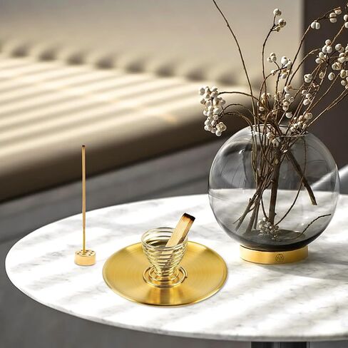 مبخرة 4 في 1، حامل بالو سانتو، حامل مريمية، حامل بخور نحاسي 5.5 انش لعصي البخور/لفائف البخور/مخاريط البخور، مجموعة مبخرة بيضاوية ذهبية لالتقاط الرماد لغرفة التامل واليوغا in Kuwait