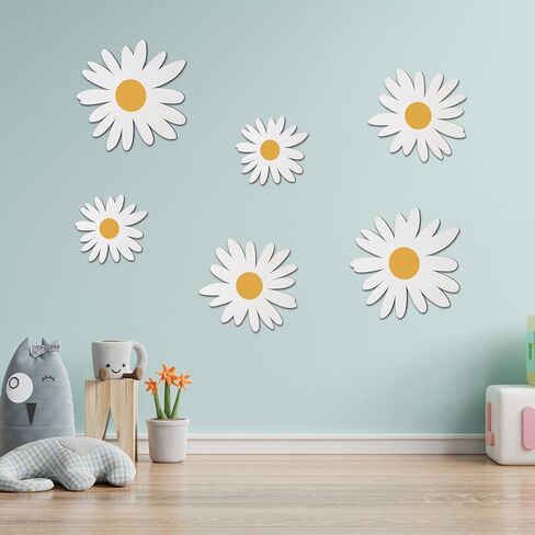 FRIUSATE 6 Pcs Daisy Wall Decor Natural Wooden Flowers Wall Signs Hanging Plaques for Home Nursery School Bedroom Bathroom Office Farmhouse Cute Boho Wall Art Decorations, 3 Sizes, White in Kuwait