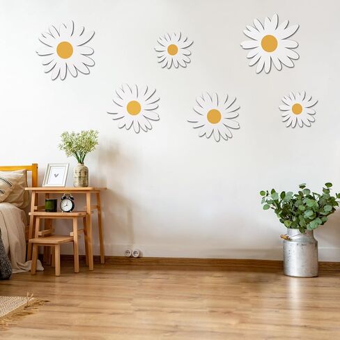 FRIUSATE 6 Pcs Daisy Wall Decor Natural Wooden Flowers Wall Signs Hanging Plaques for Home Nursery School Bedroom Bathroom Office Farmhouse Cute Boho Wall Art Decorations, 3 Sizes, White in Kuwait
