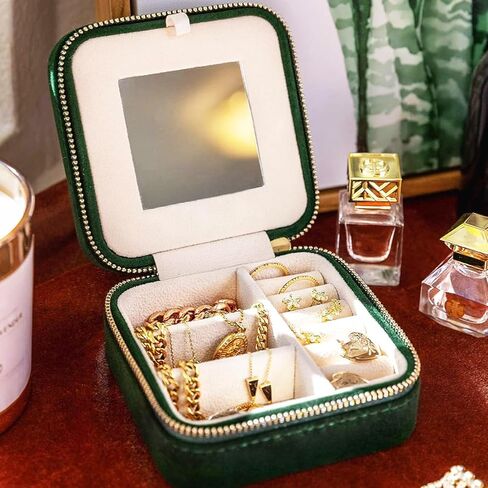 Travel Jewelry Organizer Boxwith Mirror | Velvet Travel Jewelry Case Small Jewelry Boxes for Women | Jewelry Travel Organizer, Jewelry Travel Case for Women | Earring Organizer (Black) in Kuwait