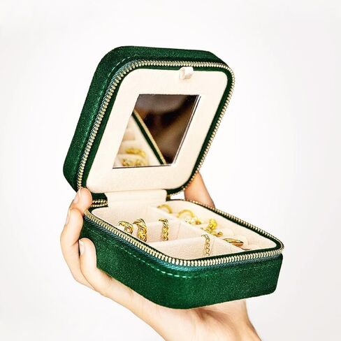 Travel Jewelry Organizer Boxwith Mirror | Velvet Travel Jewelry Case Small Jewelry Boxes for Women | Jewelry Travel Organizer, Jewelry Travel Case for Women | Earring Organizer (Black) in Kuwait