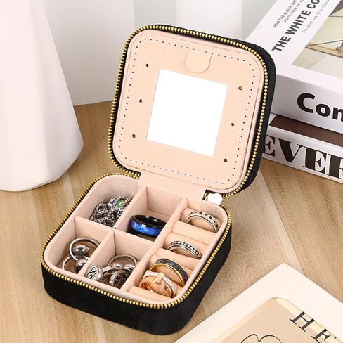 Travel Jewelry Organizer Boxwith Mirror | Velvet Travel Jewelry Case Small Jewelry Boxes for Women | Jewelry Travel Organizer, Jewelry Travel Case for Women | Earring Organizer (Black) in Kuwait