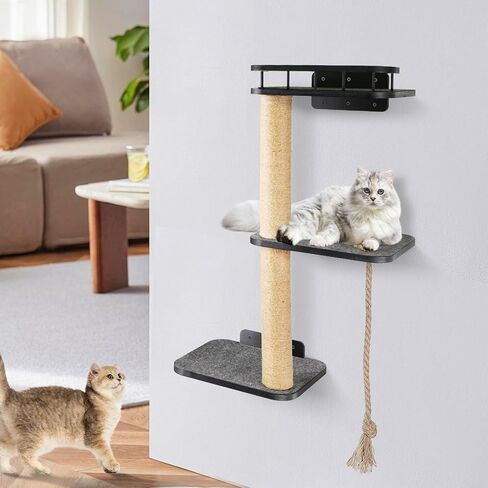 VOOTTOU Cat Wall Shelves, Cat Tree 3-Tier Cat Tower Cat Wall Furniture, Wall-Mounted Cat Scratching Post, Cat Activity Tree Wooden Cat Climber with Scratching Post, Suitable for Cats Climb, Scratch in Kuwait