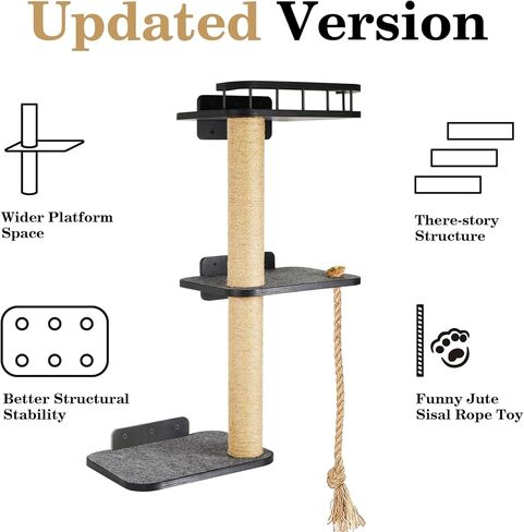 VOOTTOU Cat Wall Shelves, Cat Tree 3-Tier Cat Tower Cat Wall Furniture, Wall-Mounted Cat Scratching Post, Cat Activity Tree Wooden Cat Climber with Scratching Post, Suitable for Cats Climb, Scratch in Kuwait