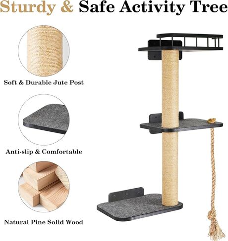 VOOTTOU Cat Wall Shelves, Cat Tree 3-Tier Cat Tower Cat Wall Furniture, Wall-Mounted Cat Scratching Post, Cat Activity Tree Wooden Cat Climber with Scratching Post, Suitable for Cats Climb, Scratch in Kuwait