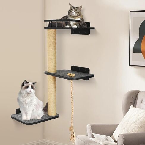 VOOTTOU Cat Wall Shelves, Cat Tree 3-Tier Cat Tower Cat Wall Furniture, Wall-Mounted Cat Scratching Post, Cat Activity Tree Wooden Cat Climber with Scratching Post, Suitable for Cats Climb, Scratch in Kuwait