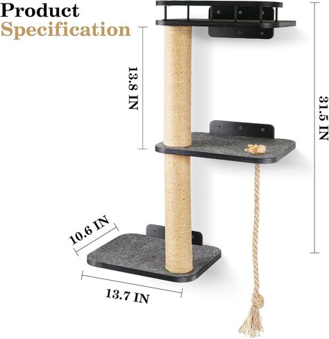 VOOTTOU Cat Wall Shelves, Cat Tree 3-Tier Cat Tower Cat Wall Furniture, Wall-Mounted Cat Scratching Post, Cat Activity Tree Wooden Cat Climber with Scratching Post, Suitable for Cats Climb, Scratch in Kuwait