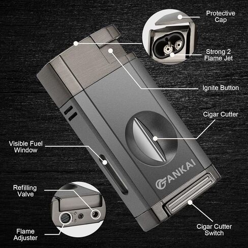 FANKAI Torch Lighter with Cigar V Cutter, Cigar Lighter Double Jet Flame Refillable Butane Lighter 2 in 1 Windproof Lighters for Smoking with Gift Box (Butane Not Included) in Saudi Arabia