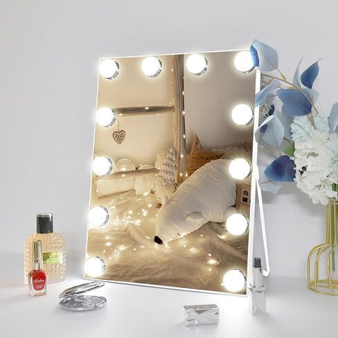 Zdorzi 10"x 12" Vanity Mirror with Lights, Hollywood Lighted Makeup Mirror with 3 Color Modes and 12 Dimmable Diamond LED Light Bulbs, Touch Control for Bedroom, White in Saudi Arabia