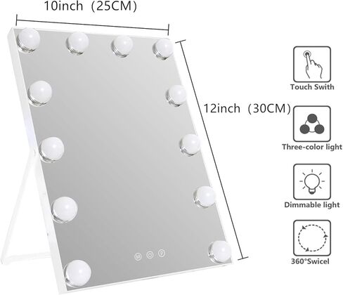 Zdorzi 10"x 12" Vanity Mirror with Lights, Hollywood Lighted Makeup Mirror with 3 Color Modes and 12 Dimmable Diamond LED Light Bulbs, Touch Control for Bedroom, White in Saudi Arabia