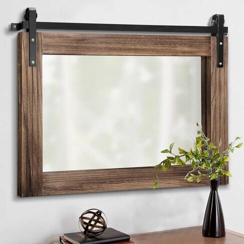 AAZZKANG Wood Framed Mirror Large Barn Door Style Rectangle Decorative Bathroom Bedroom Vanity Mirror Home Wall Decor Horizontal 16"x20" in Saudi Arabia