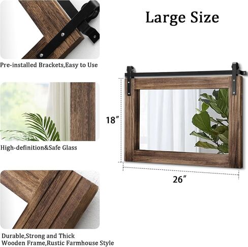AAZZKANG Wood Framed Mirror Large Barn Door Style Rectangle Decorative Bathroom Bedroom Vanity Mirror Home Wall Decor Horizontal 16"x20" in Saudi Arabia