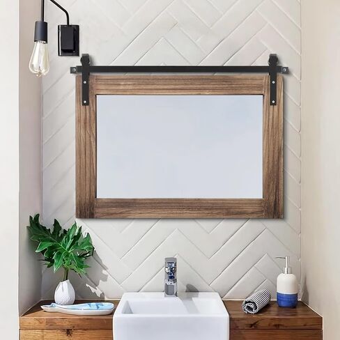 AAZZKANG Wood Framed Mirror Large Barn Door Style Rectangle Decorative Bathroom Bedroom Vanity Mirror Home Wall Decor Horizontal 16"x20" in Saudi Arabia