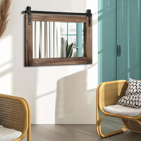 AAZZKANG Wood Framed Mirror Large Barn Door Style Rectangle Decorative Bathroom Bedroom Vanity Mirror Home Wall Decor Horizontal 16"x20" in Saudi Arabia