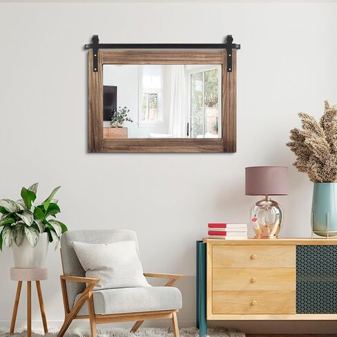 AAZZKANG Wood Framed Mirror Large Barn Door Style Rectangle Decorative Bathroom Bedroom Vanity Mirror Home Wall Decor Horizontal 16"x20" in Saudi Arabia