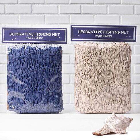 رينجيو شبكة صيد ديكورية لديكور المنزل والحفلات بطابع البحر المتوسط وغرفة المعيشة وغرفة النوم، مقاس 40 × 78 انش، لون ابيض كريمي طبيعي وازرق اوشن in Kuwait