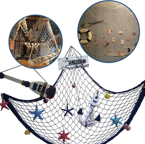 رينجيو شبكة صيد ديكورية لديكور المنزل والحفلات بطابع البحر المتوسط وغرفة المعيشة وغرفة النوم، مقاس 40 × 78 انش، لون ابيض كريمي طبيعي وازرق اوشن in Kuwait