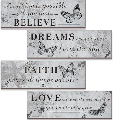 4 Pieces Retro Wooden Inspirational Butterfly Wall Art, Grey Motivational Positive Quotes Believe Dreams Faith Love Bathroom Bedroom Wall Decor Rustic Hanging Prints Sign for Home Office Supplies in Saudi Arabia