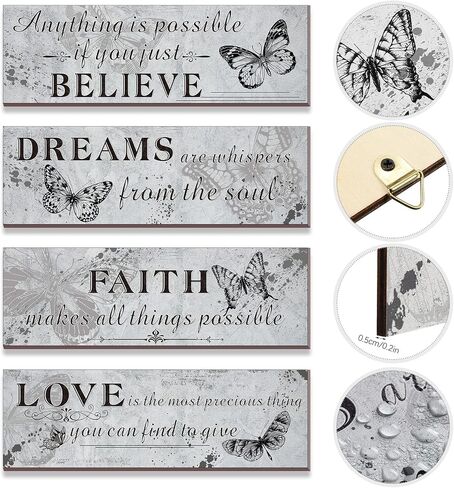 4 Pieces Retro Wooden Inspirational Butterfly Wall Art, Grey Motivational Positive Quotes Believe Dreams Faith Love Bathroom Bedroom Wall Decor Rustic Hanging Prints Sign for Home Office Supplies in Saudi Arabia