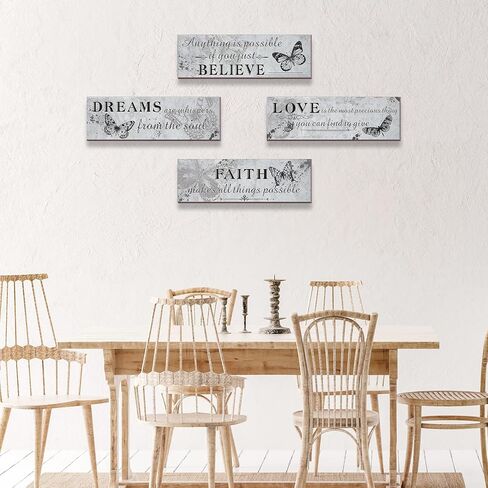 4 Pieces Retro Wooden Inspirational Butterfly Wall Art, Grey Motivational Positive Quotes Believe Dreams Faith Love Bathroom Bedroom Wall Decor Rustic Hanging Prints Sign for Home Office Supplies in Saudi Arabia