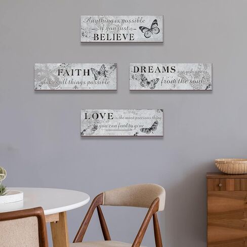 4 Pieces Retro Wooden Inspirational Butterfly Wall Art, Grey Motivational Positive Quotes Believe Dreams Faith Love Bathroom Bedroom Wall Decor Rustic Hanging Prints Sign for Home Office Supplies in Saudi Arabia