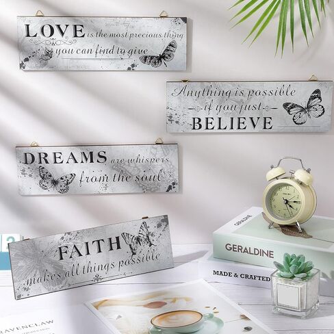 4 Pieces Retro Wooden Inspirational Butterfly Wall Art, Grey Motivational Positive Quotes Believe Dreams Faith Love Bathroom Bedroom Wall Decor Rustic Hanging Prints Sign for Home Office Supplies in Saudi Arabia