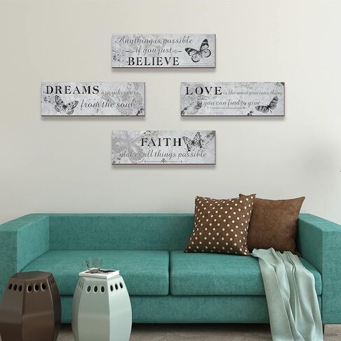 4 Pieces Retro Wooden Inspirational Butterfly Wall Art, Grey Motivational Positive Quotes Believe Dreams Faith Love Bathroom Bedroom Wall Decor Rustic Hanging Prints Sign for Home Office Supplies in Saudi Arabia