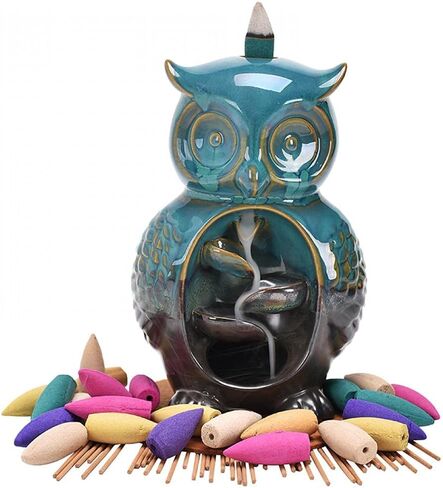 Incense Burner Backflow Incense Holder Waterfall Ceramic Owl Statue with 20 Cones+30 Sticks for Aromatherapy Ornament Home Decor in Saudi Arabia