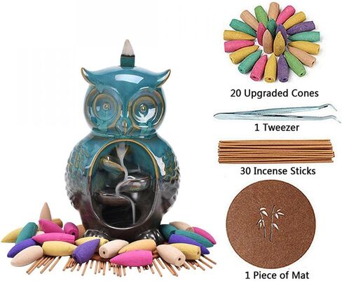 Incense Burner Backflow Incense Holder Waterfall Ceramic Owl Statue with 20 Cones+30 Sticks for Aromatherapy Ornament Home Decor in Saudi Arabia