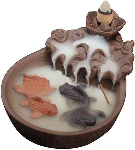 Ceramic Backflow Incense Burner Waterfall Fountain Incense Burner Incense Cone Holder Lotus Pond Incense Holder with 10 pcs Incense Cones(Brown) (Fish) in Kuwait