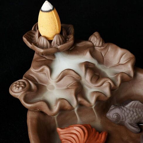 Ceramic Backflow Incense Burner Waterfall Fountain Incense Burner Incense Cone Holder Lotus Pond Incense Holder with 10 pcs Incense Cones(Brown) (Fish) in Kuwait