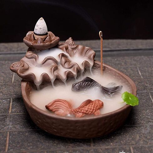 Ceramic Backflow Incense Burner Waterfall Fountain Incense Burner Incense Cone Holder Lotus Pond Incense Holder with 10 pcs Incense Cones(Brown) (Fish) in Kuwait
