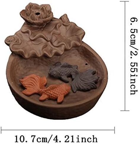 Ceramic Backflow Incense Burner Waterfall Fountain Incense Burner Incense Cone Holder Lotus Pond Incense Holder with 10 pcs Incense Cones(Brown) (Fish) in Kuwait