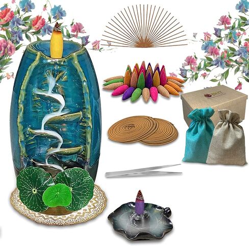 BNY GIFTS Waterfall Incense Burner, 5 in 1 Incense Holder, Backflow Incense Burner, with 150 Backflow Incense Cones, 30 Incense Sticks, 20 Coil Insence, Mat, Lotus Leafs and Cone Storage Bags in Saudi Arabia
