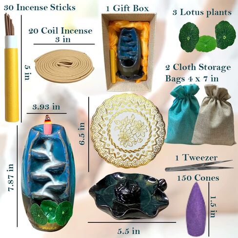 BNY GIFTS Waterfall Incense Burner, 5 in 1 Incense Holder, Backflow Incense Burner, with 150 Backflow Incense Cones, 30 Incense Sticks, 20 Coil Insence, Mat, Lotus Leafs and Cone Storage Bags in Saudi Arabia