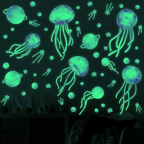 4 Sheets Starry Sky Jellyfish Wall Sticker Glow in The Dark Wall Stickers Planet Blue Luminous Wall Decals DIY Peel Stick Art Decor for Walls Ceiling Kids Bedroom Living Room Nursery Girls and Boys (Blue) in Saudi Arabia