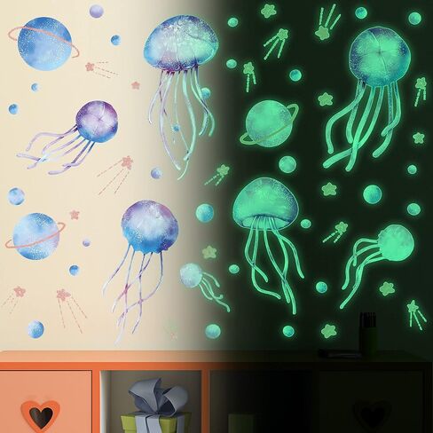 4 Sheets Starry Sky Jellyfish Wall Sticker Glow in The Dark Wall Stickers Planet Blue Luminous Wall Decals DIY Peel Stick Art Decor for Walls Ceiling Kids Bedroom Living Room Nursery Girls and Boys (Blue) in Saudi Arabia