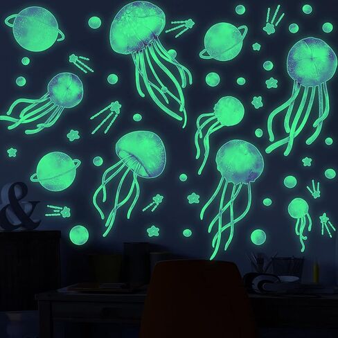 4 Sheets Starry Sky Jellyfish Wall Sticker Glow in The Dark Wall Stickers Planet Blue Luminous Wall Decals DIY Peel Stick Art Decor for Walls Ceiling Kids Bedroom Living Room Nursery Girls and Boys (Blue) in Saudi Arabia