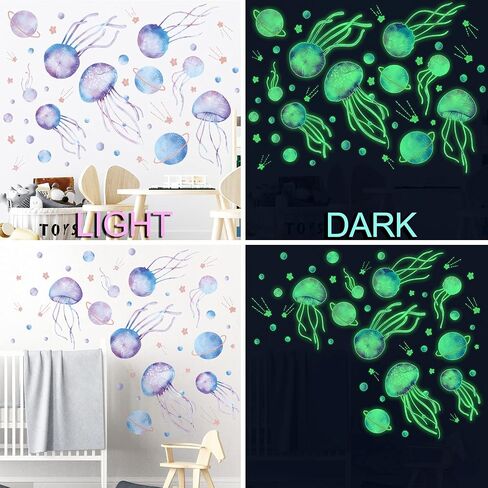 4 Sheets Starry Sky Jellyfish Wall Sticker Glow in The Dark Wall Stickers Planet Blue Luminous Wall Decals DIY Peel Stick Art Decor for Walls Ceiling Kids Bedroom Living Room Nursery Girls and Boys (Blue) in Saudi Arabia